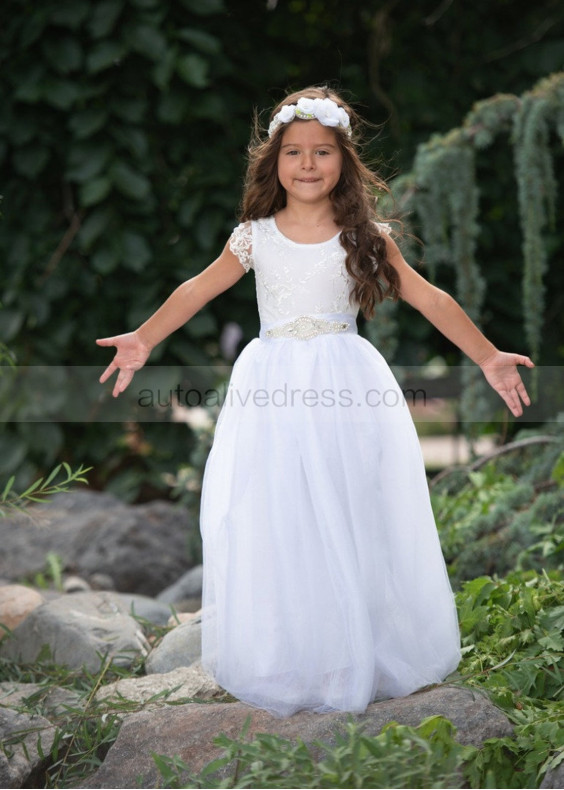 White Lace Tulle Flower Girl Dress With Rhinestone Sash White Lace Tulle Flower Girl Dress With Rhinestone Sash